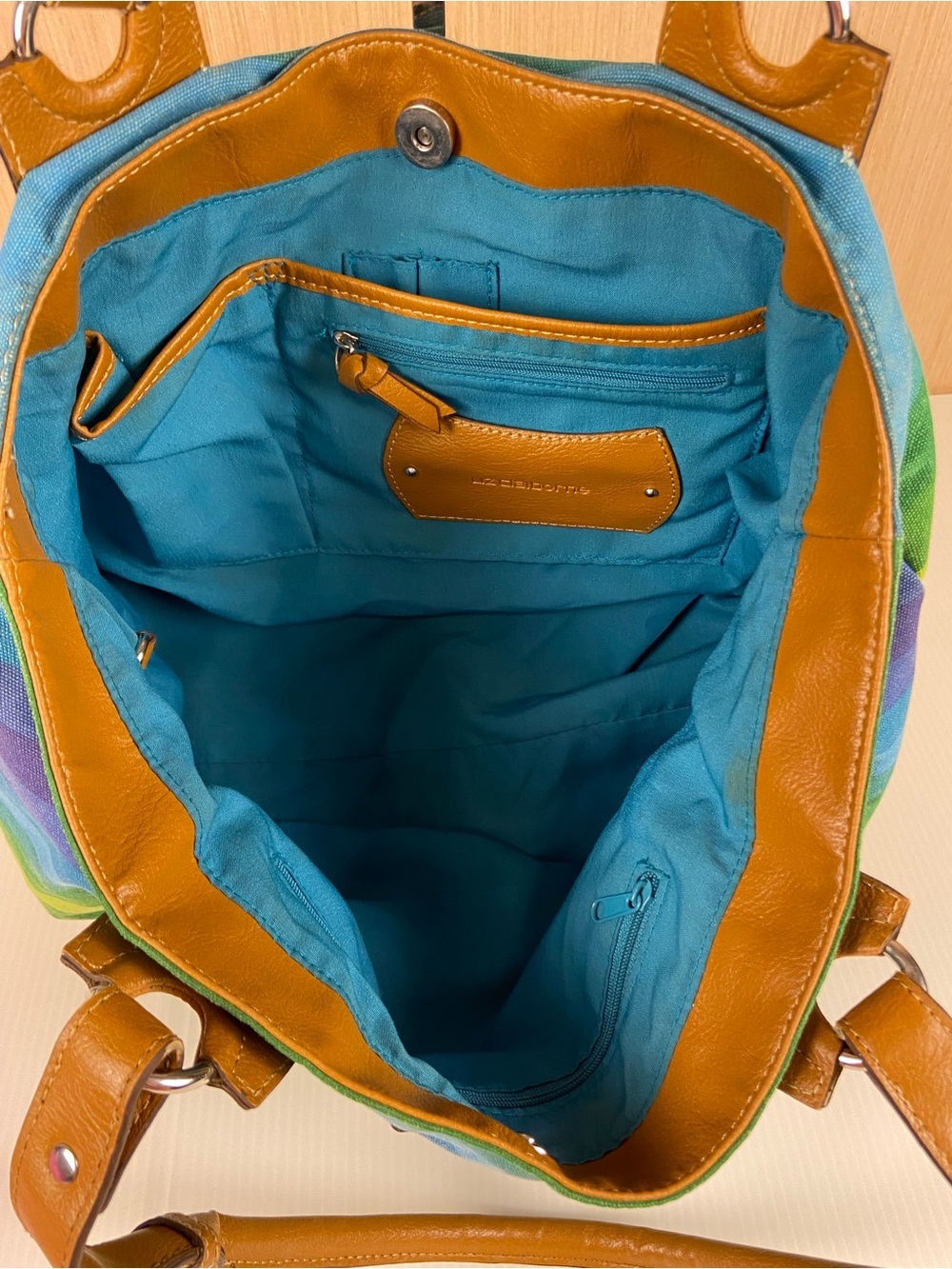 Liz Claiborne Blue Green Striped Canvas Tote Shoulder Bag - Picture 3 of 12
